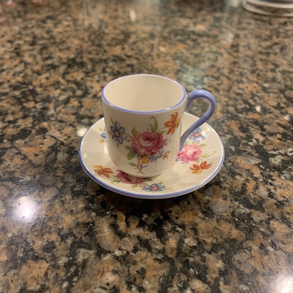 Miniature Shelley England Tea Cup and Saucer Rose Floral with Blue Trim - Picture 8 of 10